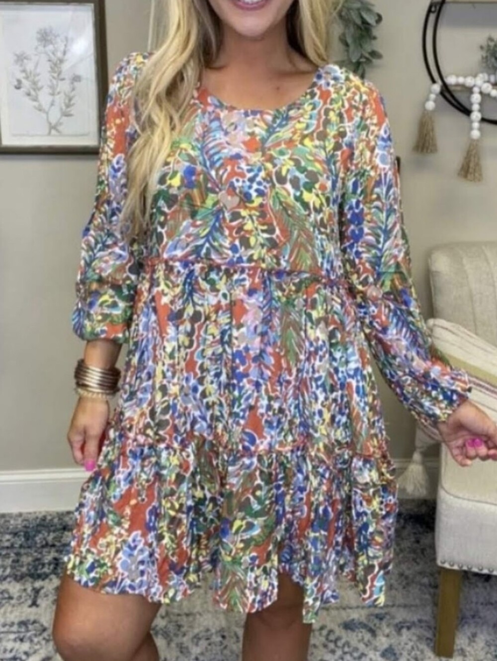 JODIFL Rust Multicolor Lily Inspired Floral Tiered Mini Dress